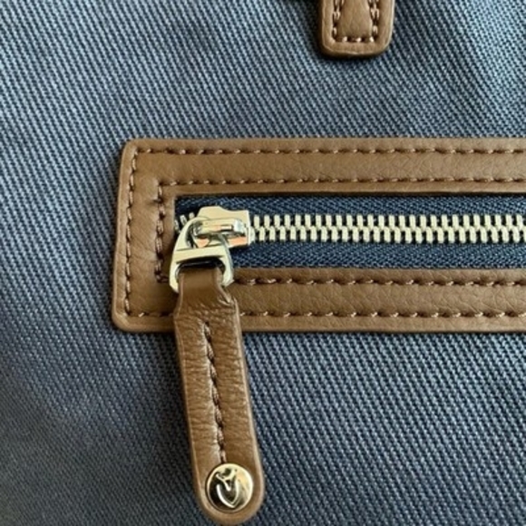 VESSEL Brown Blue Denim Canvas Leather Tote Bag Weekend Shoulder Zip Very Good - Picture 10 of 12
